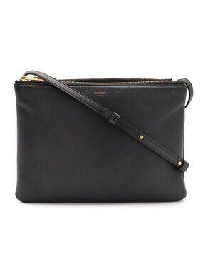 Celine Trio Shoulder Bag Pouch Pochette Crossbody Leather Black Gold